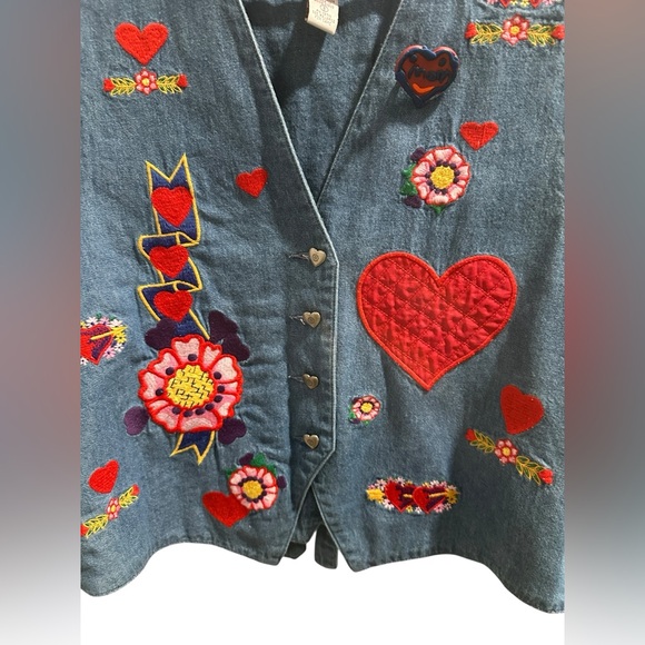 Vintage Denim Vest Embroidered Hearts Flowers Boho‎ Retro Cottagecore Festival M - Picture 5 of 6